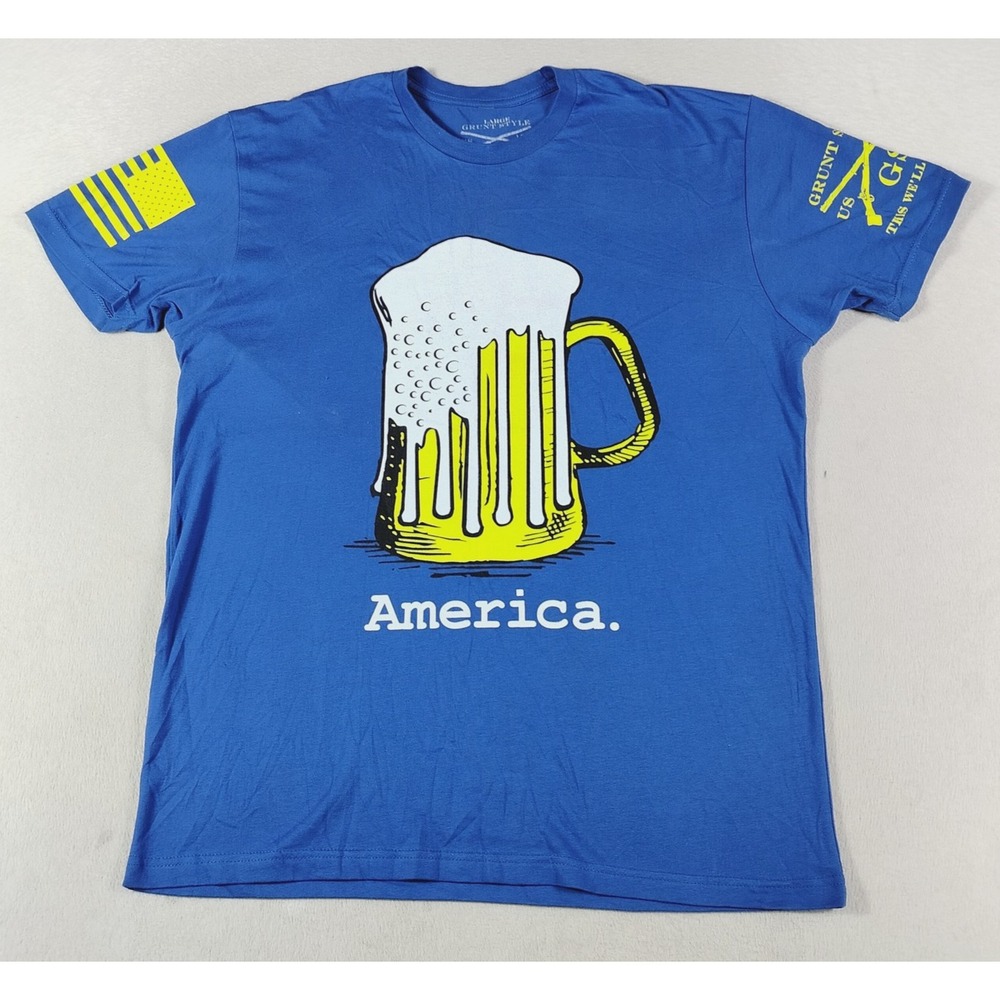 Grunt Style Shirt Mens Large Blue America Beer Mug Graphic Tee USA Patriotic